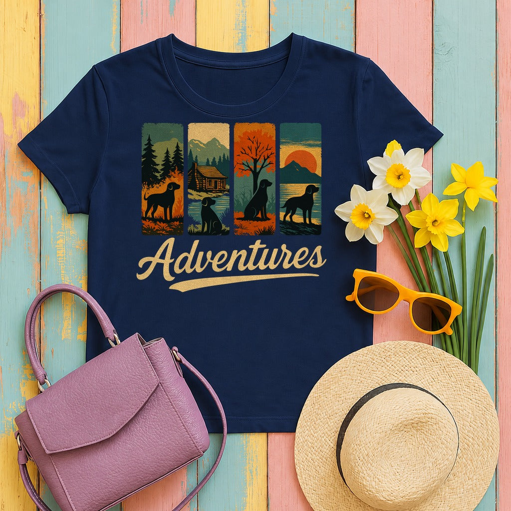 Adventurous Black Labrador in Nature T-Shirt in Navy