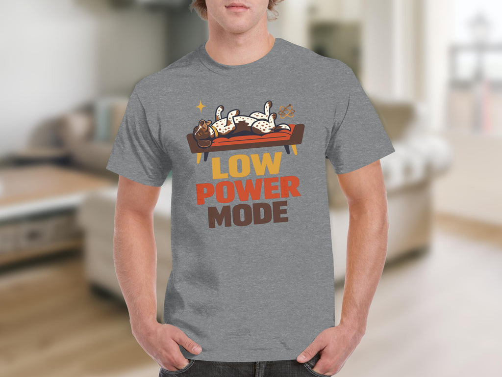 Grey t-shirt with "LOW POWER MODE" text and a dog napping on a couch.