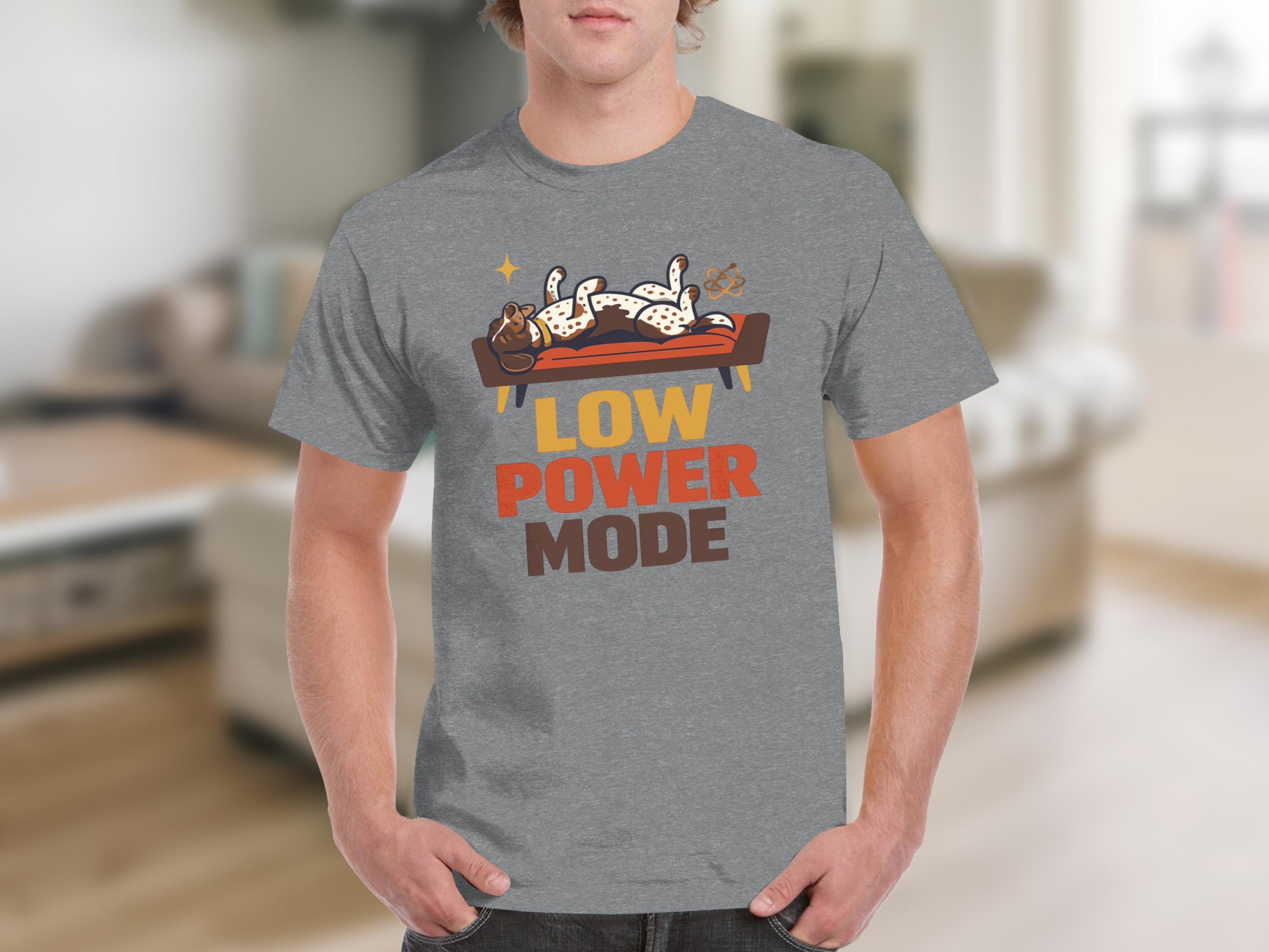 Grey t-shirt with "LOW POWER MODE" text and a dog napping on a couch.
