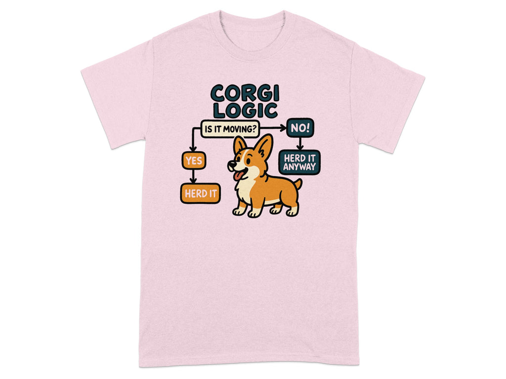 Pink t-shirt with a flowchart and cartoon corgi reading "Corgi Logic".