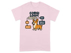 Pink t-shirt with a flowchart and cartoon corgi reading "Corgi Logic".