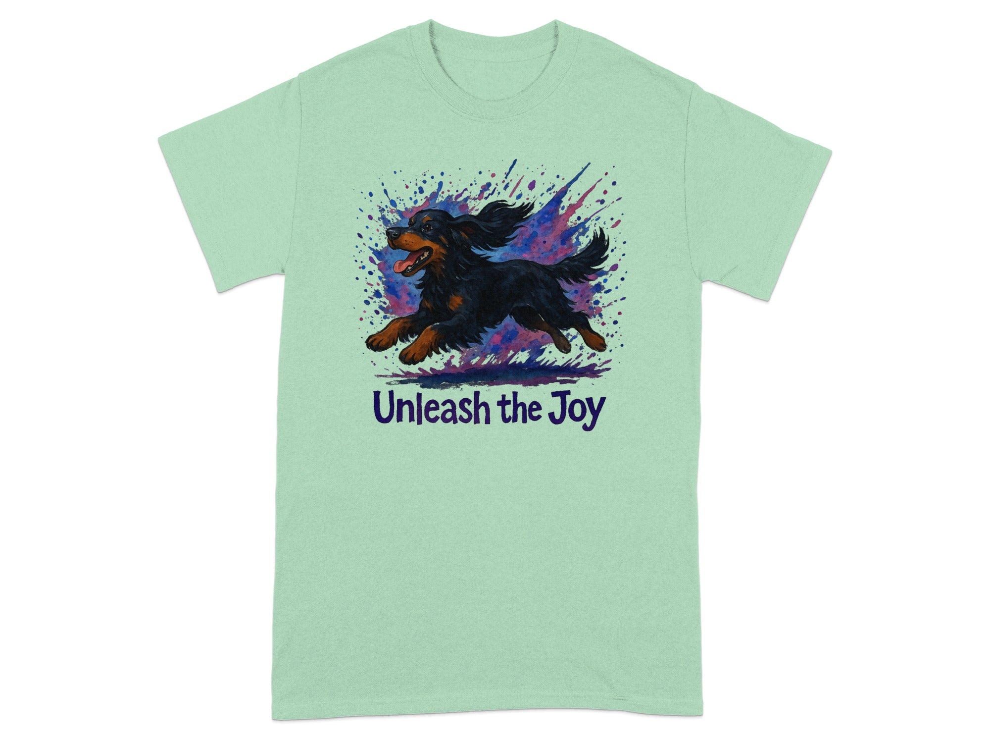 T-shirt with watercolor black dog running and text "Unleash the Joy."