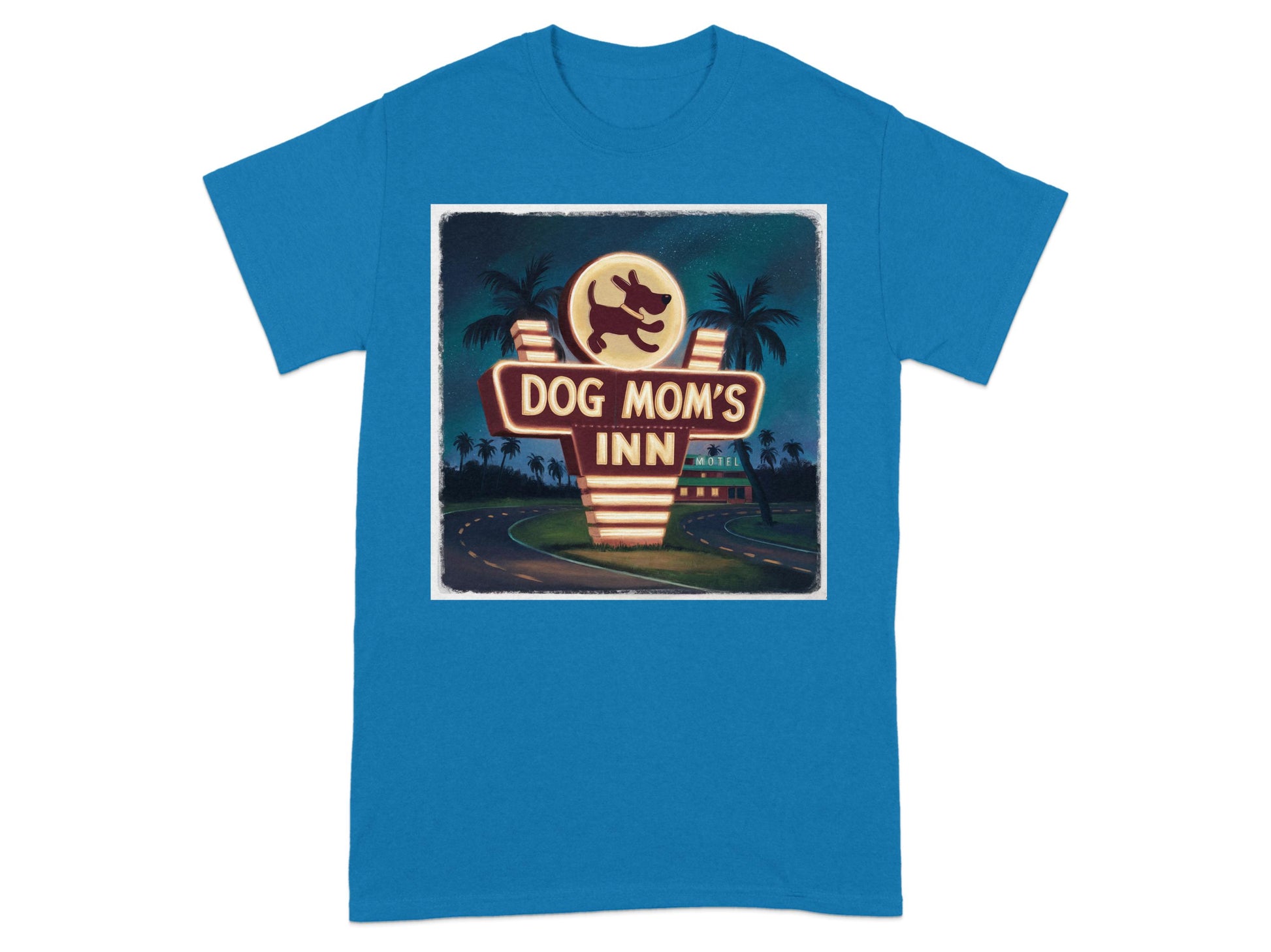Dog Mom's Inn Sign Graphic on Blue T-shirt product type