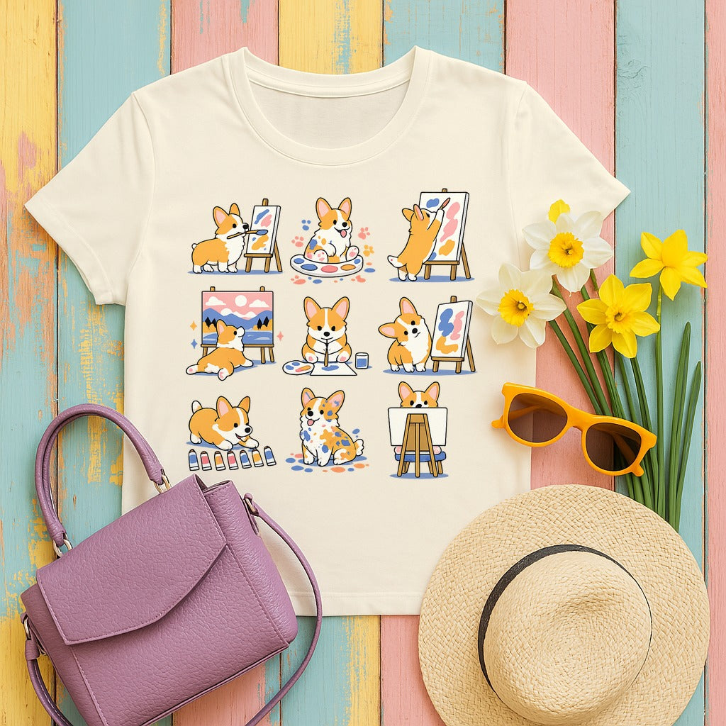 Whimsical Corgi Artist T-Shirt in Natural