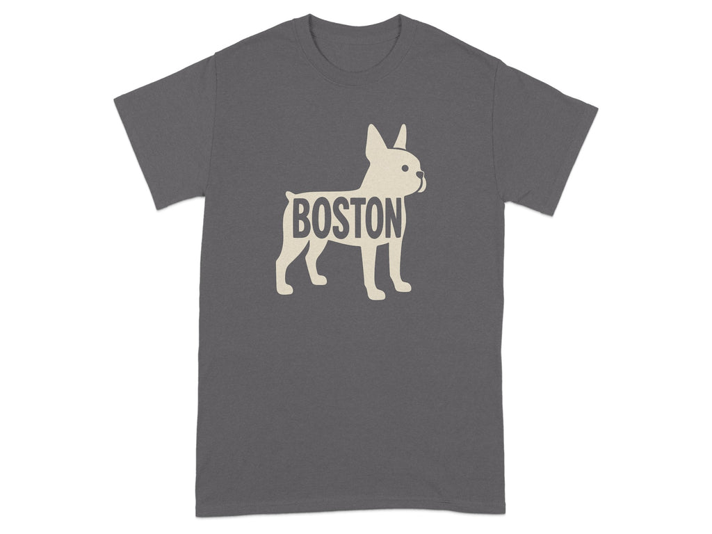 Gray t-shirt with light beige Boston Terrier graphic and text.