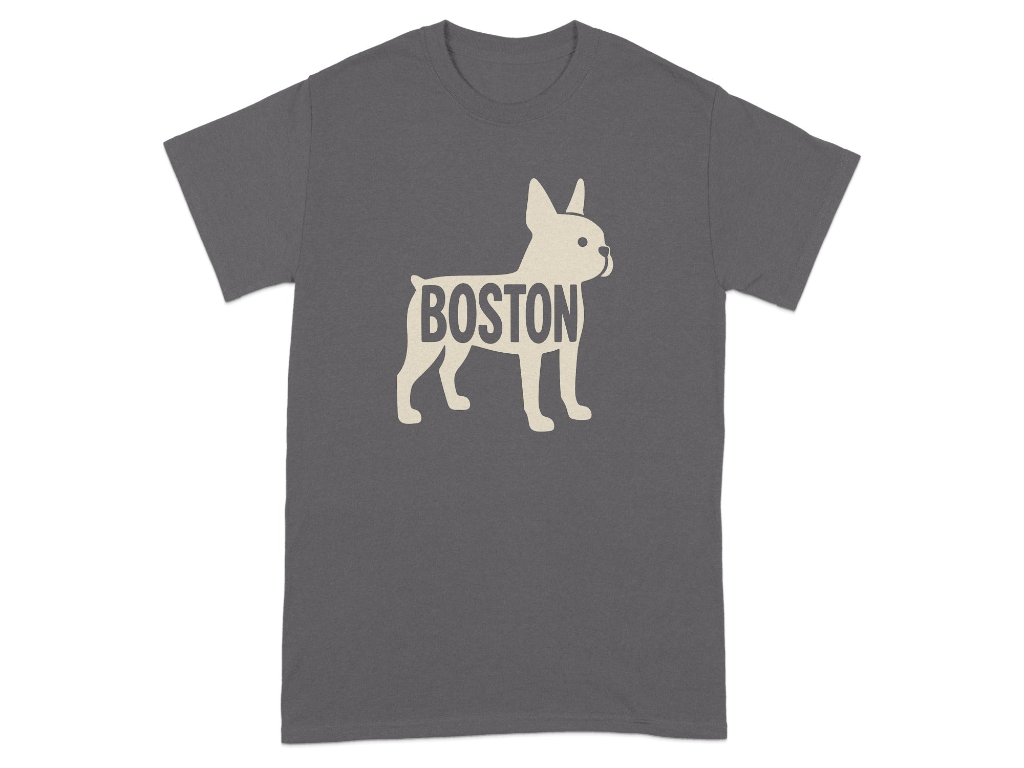 Gray t-shirt with light beige Boston Terrier graphic and text.