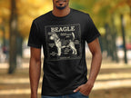 Black t-shirt with diagram of a beagle labeled with humorous features like "Treat-Seeking Optical Sensors."