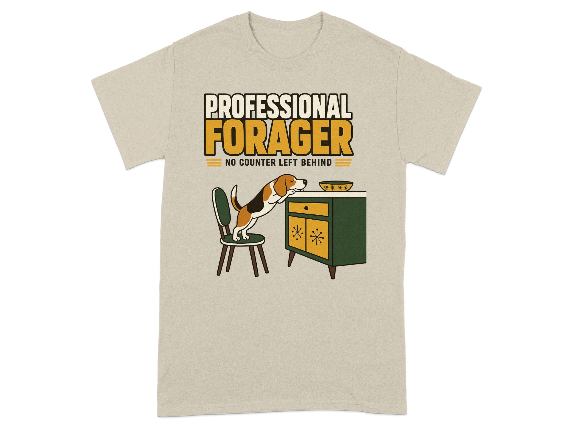 Beagle dog jumps onto a counter for food on a t-shirt.