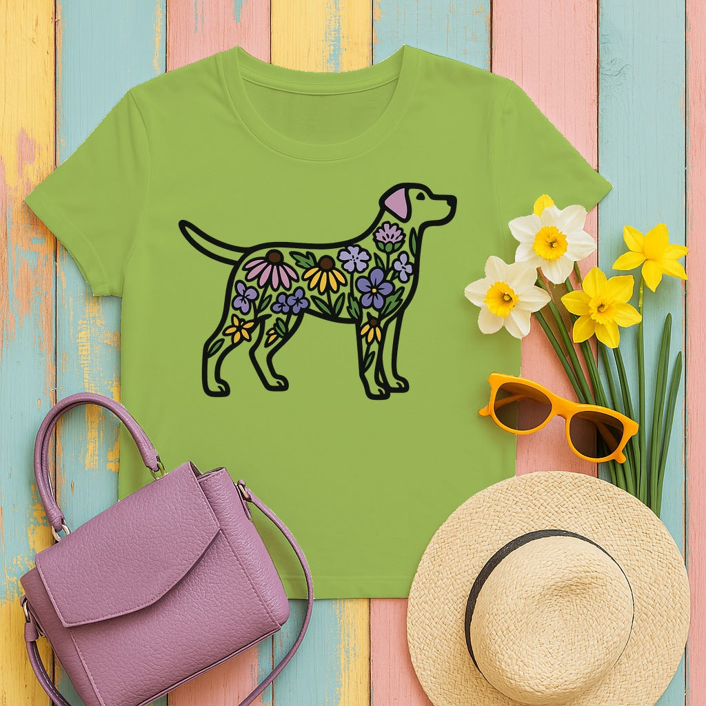 Dog Silhouette Filled with Flowers Graphic Art T-Shirt in Kiwi