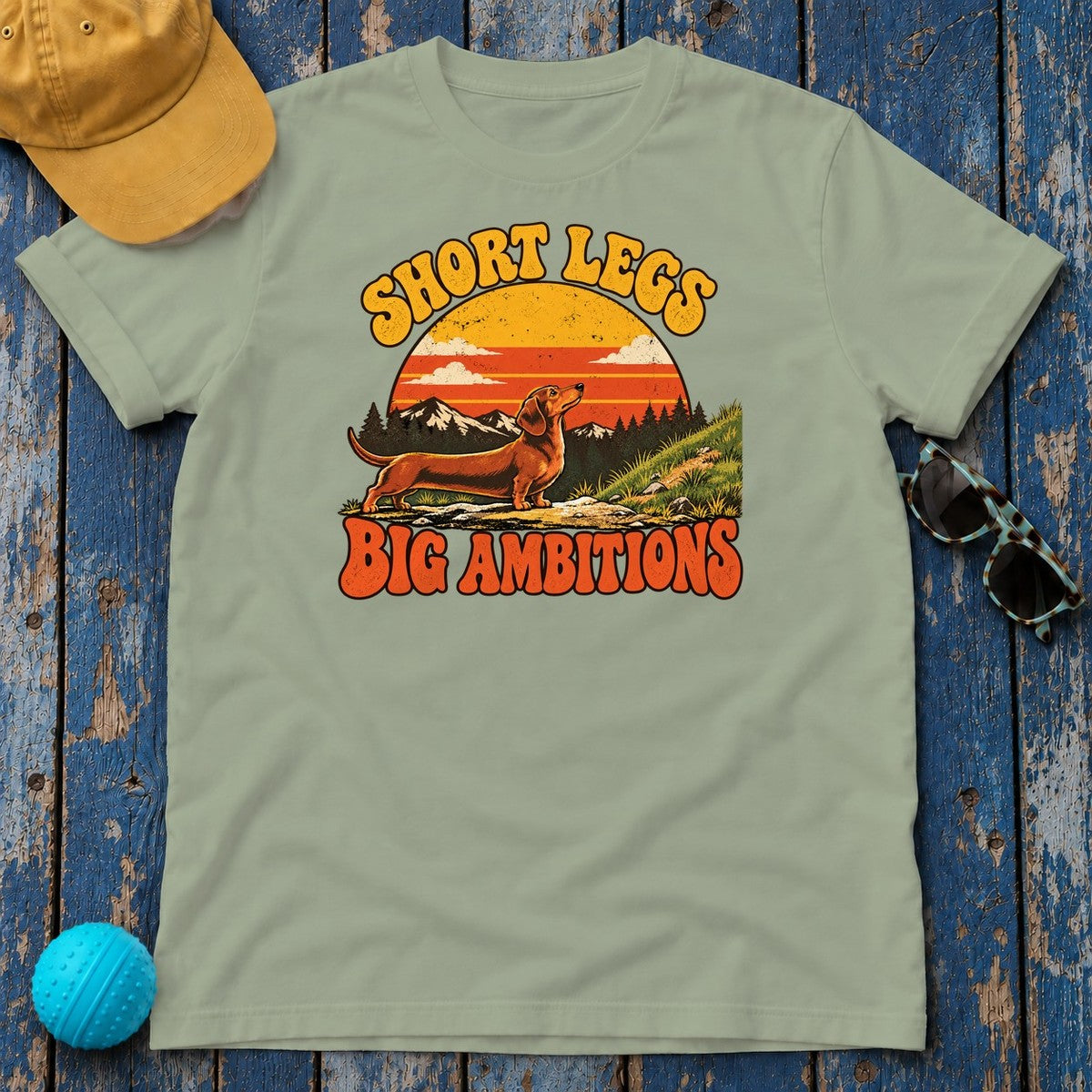 Short Legs Big Ambitions Dachshund T-Shirt in Sage - flat lay