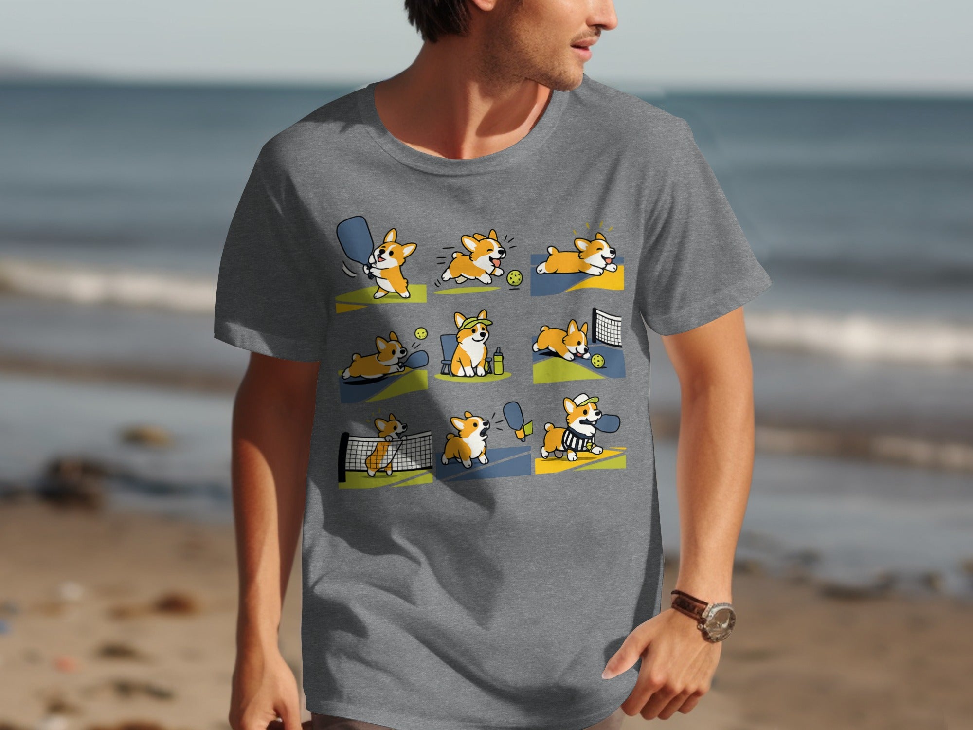 T-shirt with a graphic of corgis playing pickleball in nine panels.
