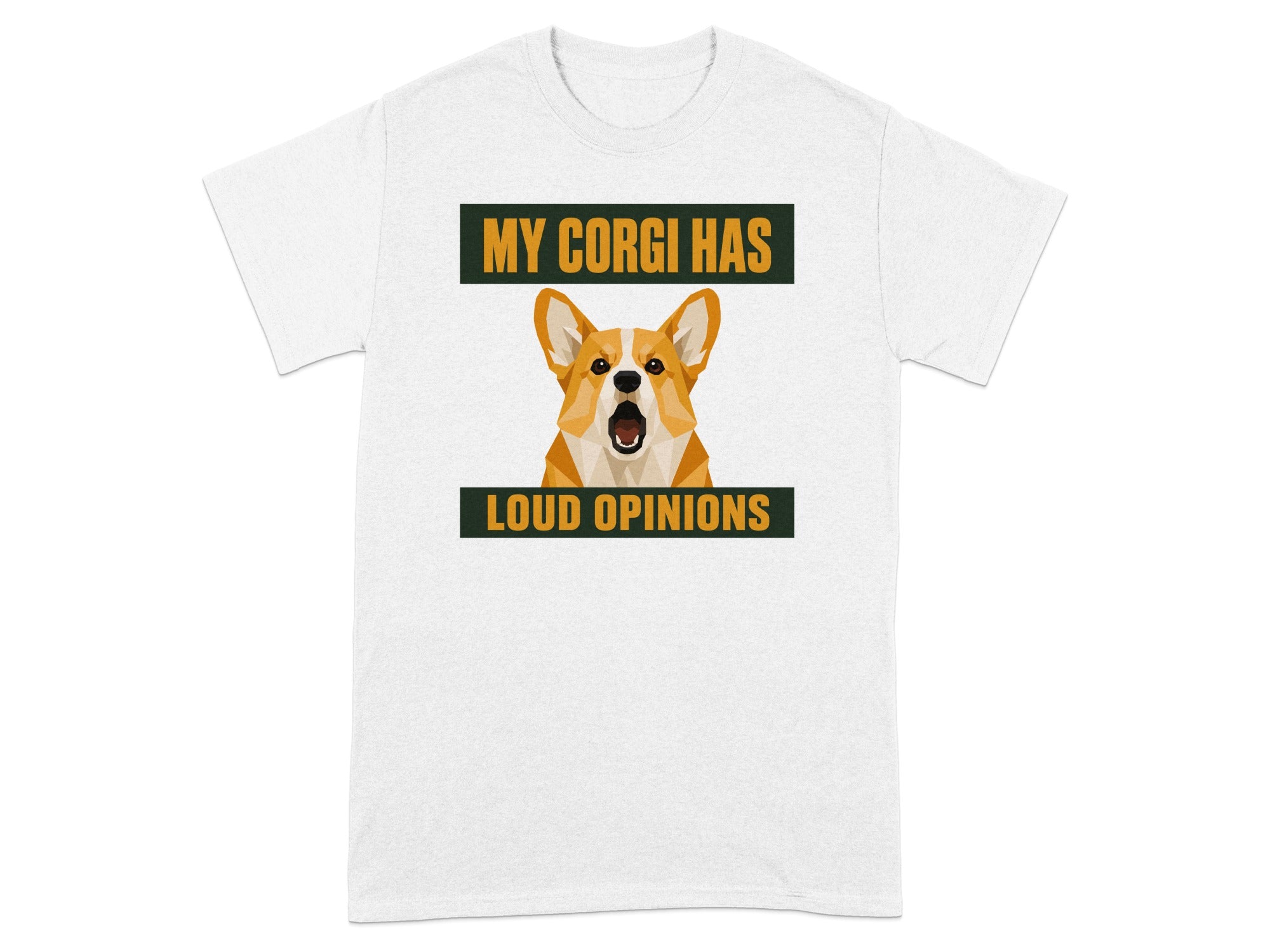 White t-shirt with a cartoon corgi and text "MY CORGI HAS LOUD OPINIONS".