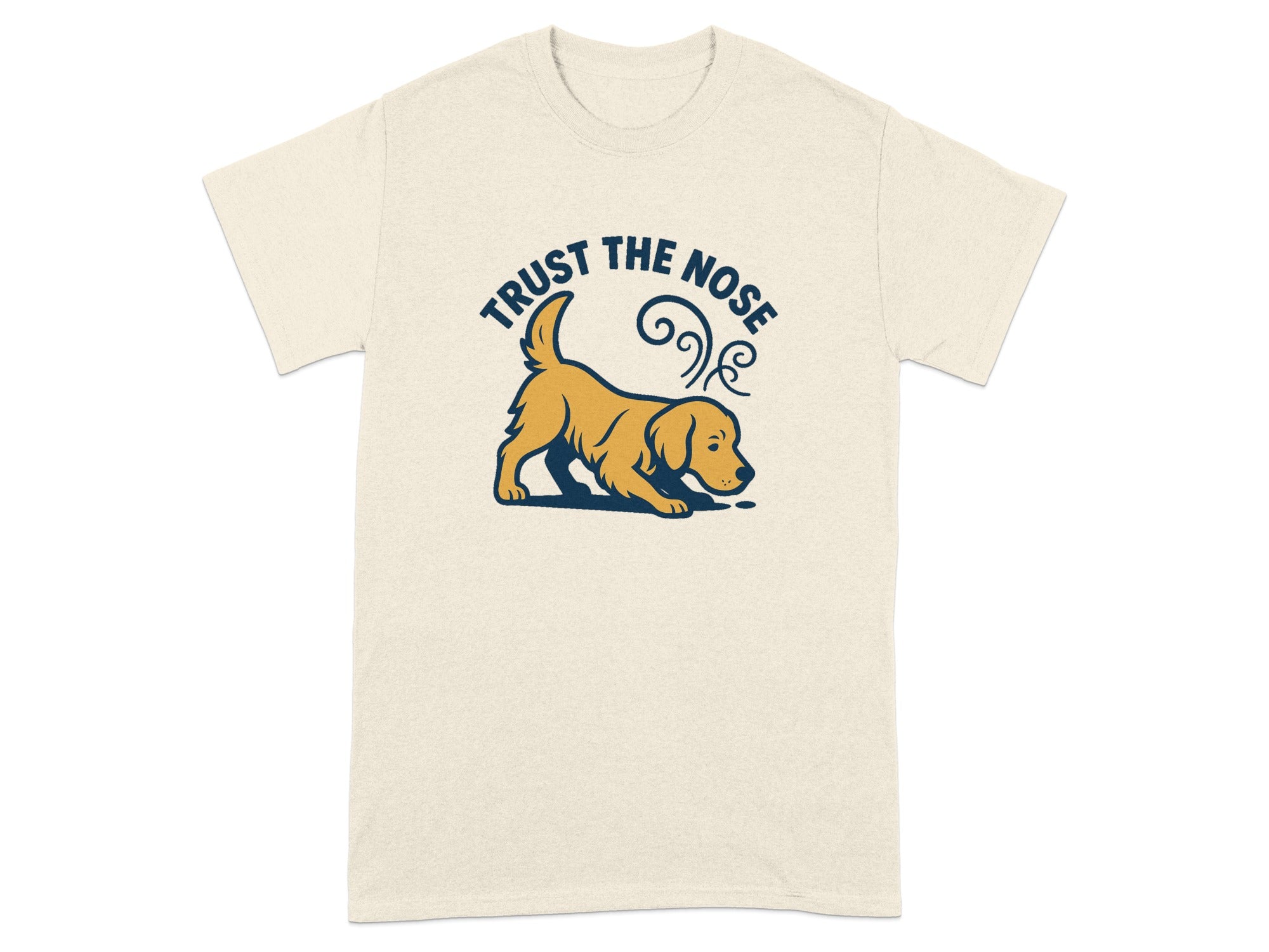 T-shirt with a golden dog sniffing and text "TRUST THE NOSE".
