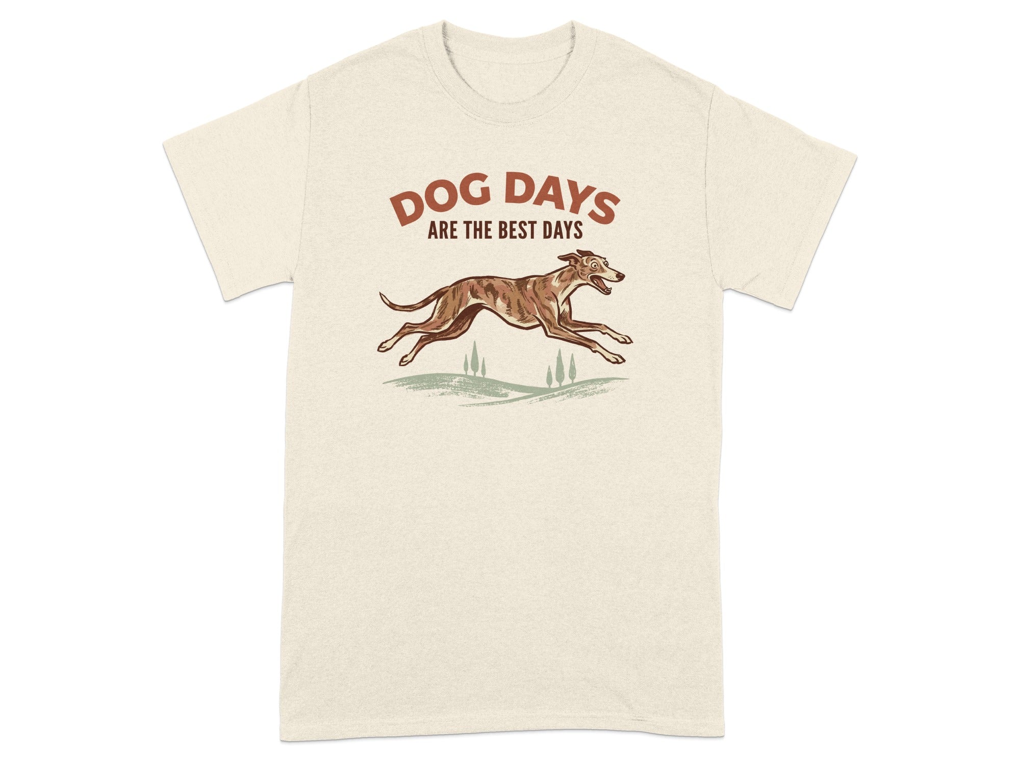 T-shirt graphic with running dog and text "DOG DAYS ARE THE BEST DAYS".