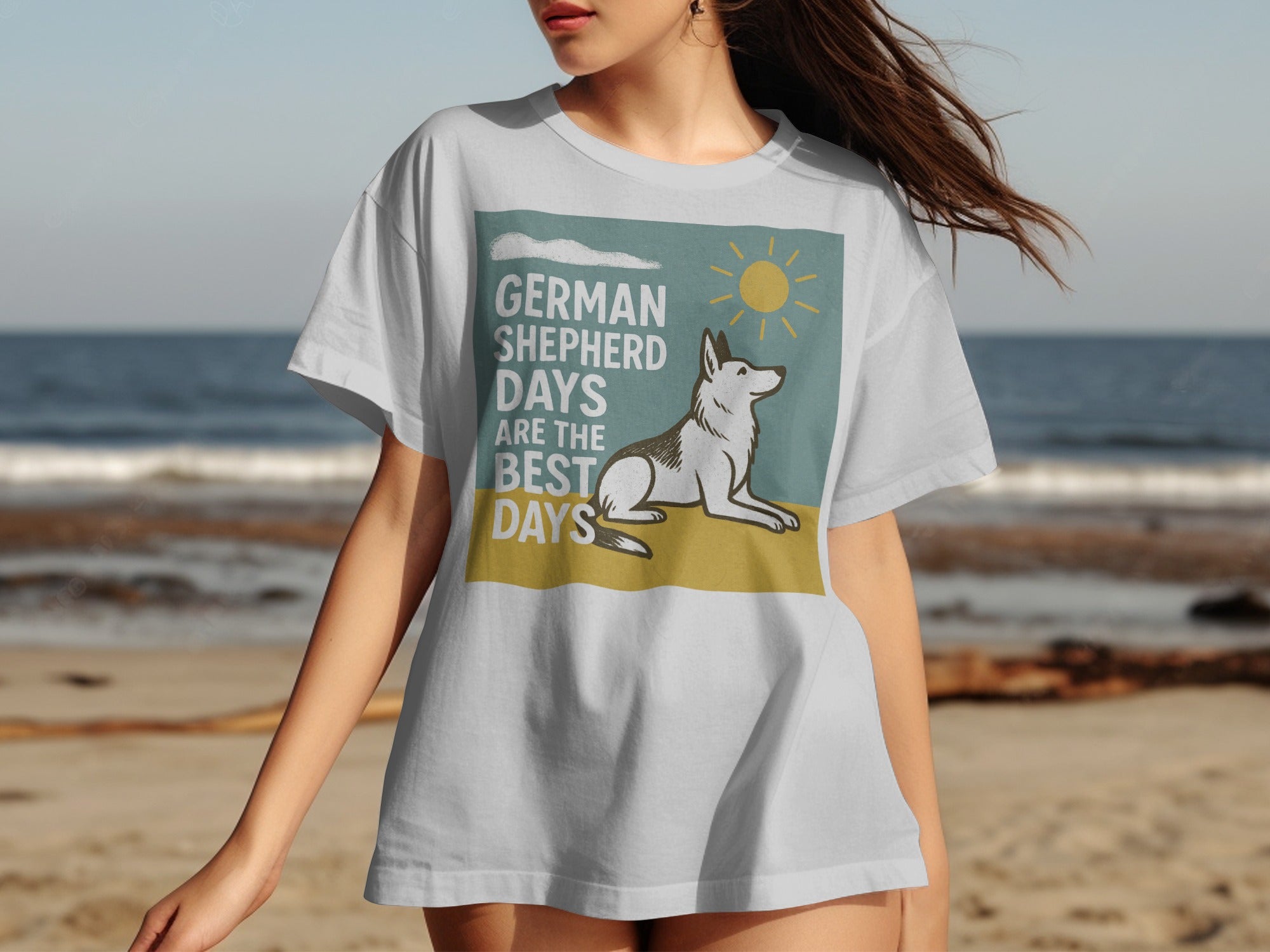 White t-shirt with German Shepherd graphic and text reading "German Shepherd Days Are The Best Days".