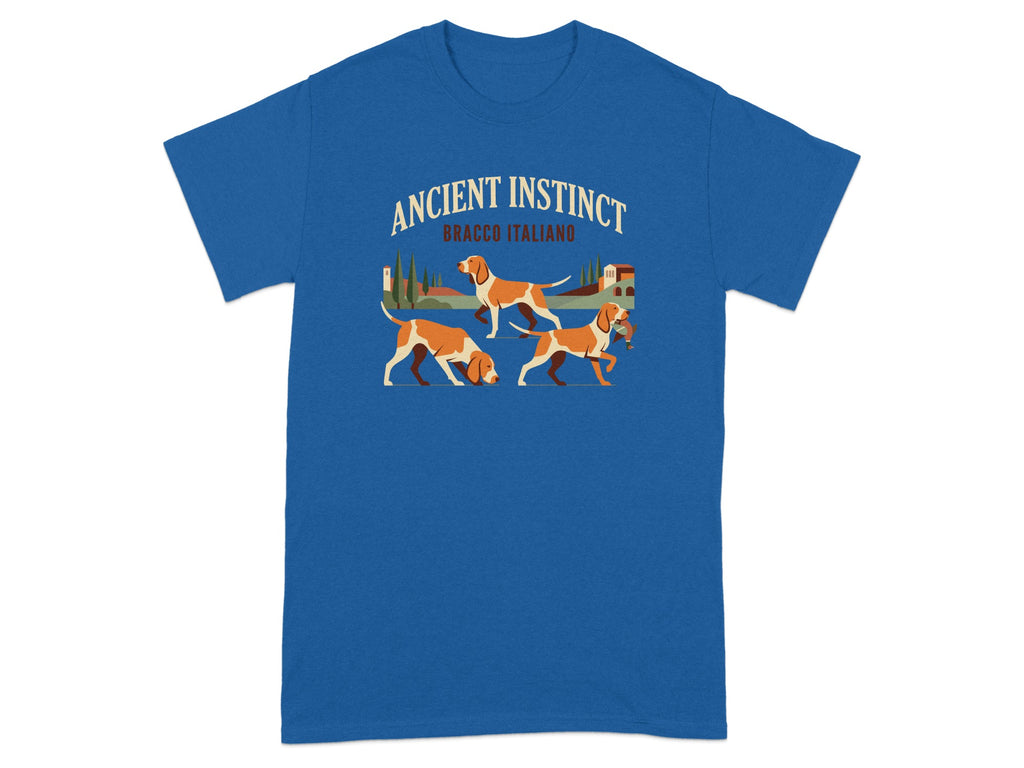 Blue t-shirt with a graphic of three Bracco Italiano dogs and "ANCIENT INSTINCT" text.