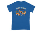 Blue t-shirt with a graphic of three Bracco Italiano dogs and "ANCIENT INSTINCT" text.