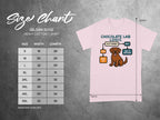Size chart for Gildan 5000 t-shirt with a "Chocolate Lab Logic" graphic.