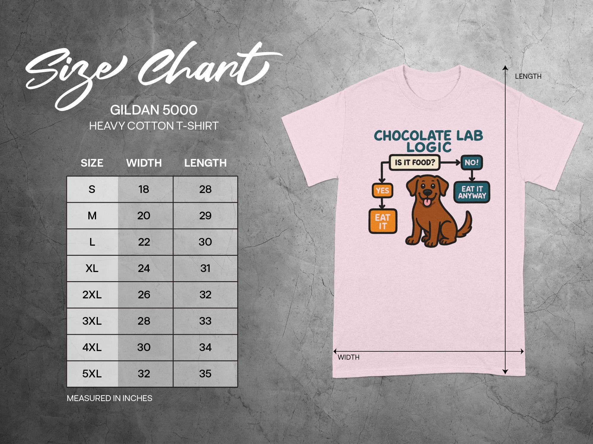Size chart for Gildan 5000 t-shirt with a "Chocolate Lab Logic" graphic.