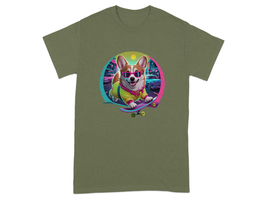 Corgi Skateboarding Graphic on Green Tee Shirt product type