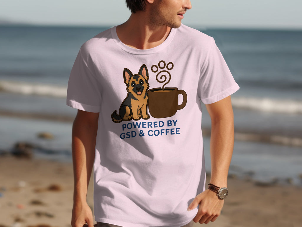 German Shepherd and coffee graphic on a light t-shirt.