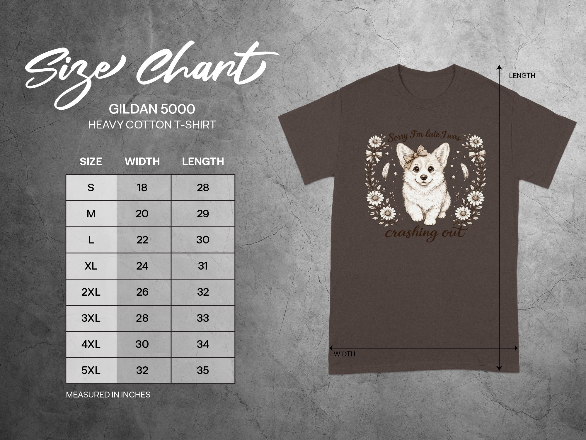 Gildan 5000 t-shirt size chart with width and length measurements in inches.