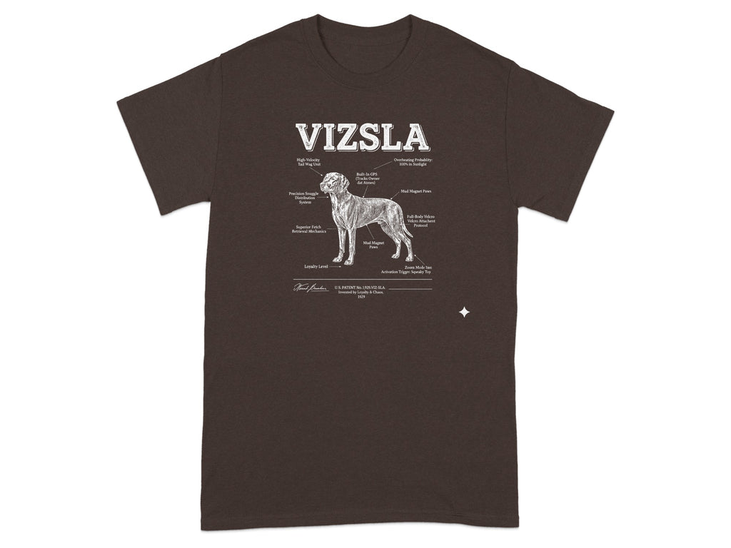 Vizsla diagram with humorous labels about dog behavior and features.