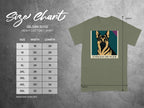 Gildan 5000 heavy cotton t-shirt size chart with German Shepherd graphic and text "Endless Hunger".