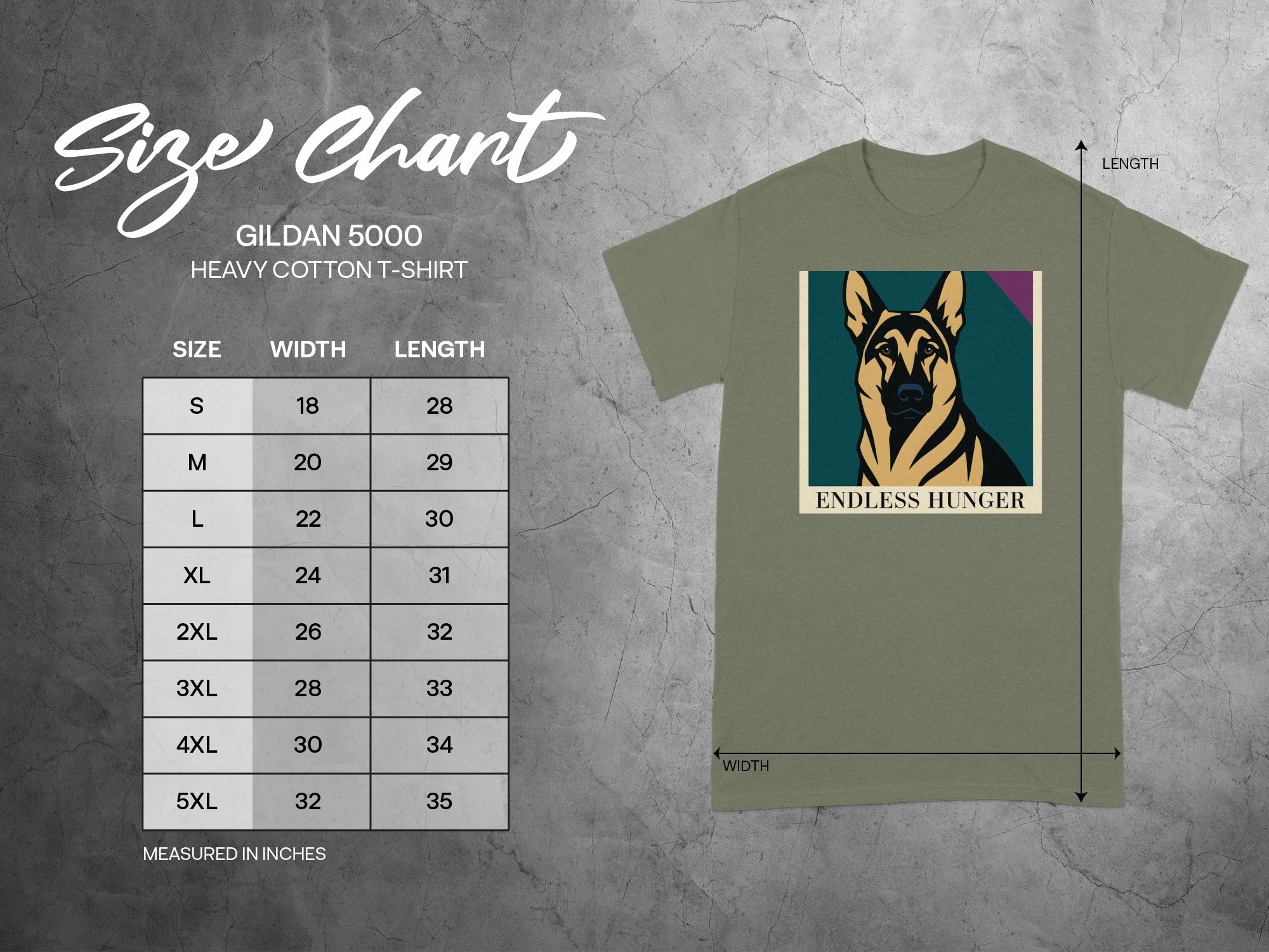 Gildan 5000 heavy cotton t-shirt size chart with German Shepherd graphic and text "Endless Hunger".