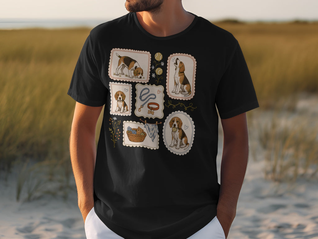 Black t-shirt with framed illustrations of beagle dogs and accessories.