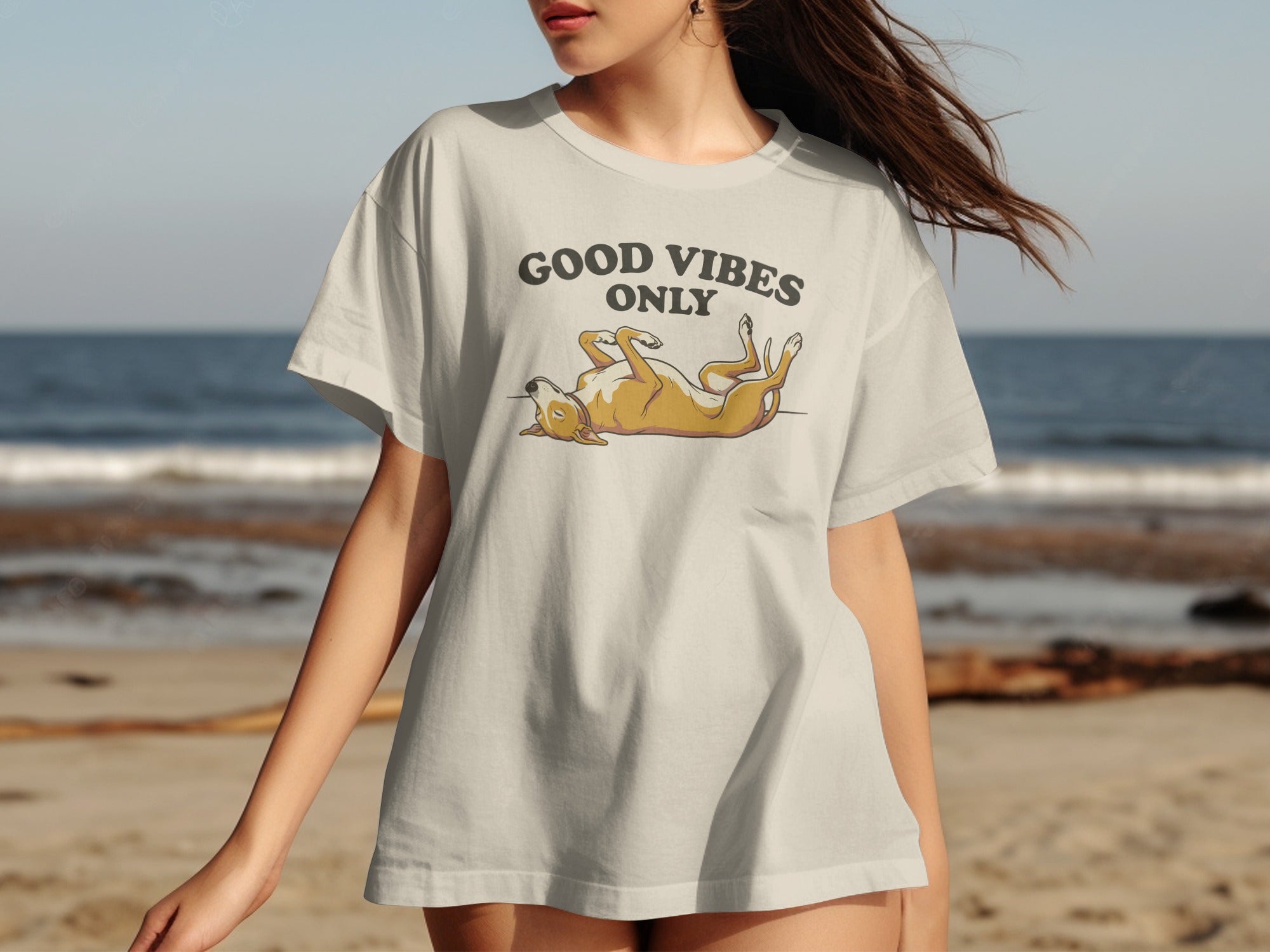 T-shirt with dog graphic and "GOOD VIBES ONLY" text.