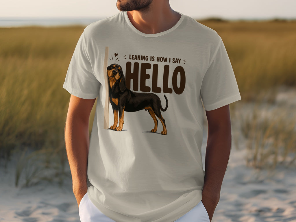 T-shirt with a dog and "LEANING IS HOW I SAY HELLO" text.