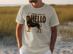 T-shirt with a dog and "LEANING IS HOW I SAY HELLO" text.