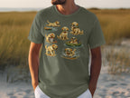 T-shirt featuring a montage of seven illustrations of playful golden retriever puppies with fish.