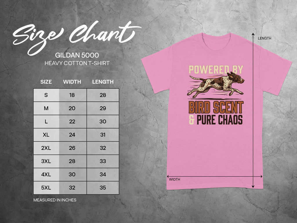 Gildan 5000 size chart for Heavy Cotton T-shirt with "Powered by Bird Scent & Pure Chaos" graphic.