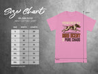Gildan 5000 size chart for Heavy Cotton T-shirt with "Powered by Bird Scent & Pure Chaos" graphic.