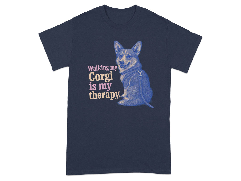 Navy t-shirt with corgi illustration and text "Walking my Corgi is my therapy."
