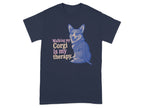 Navy t-shirt with corgi illustration and text "Walking my Corgi is my therapy."