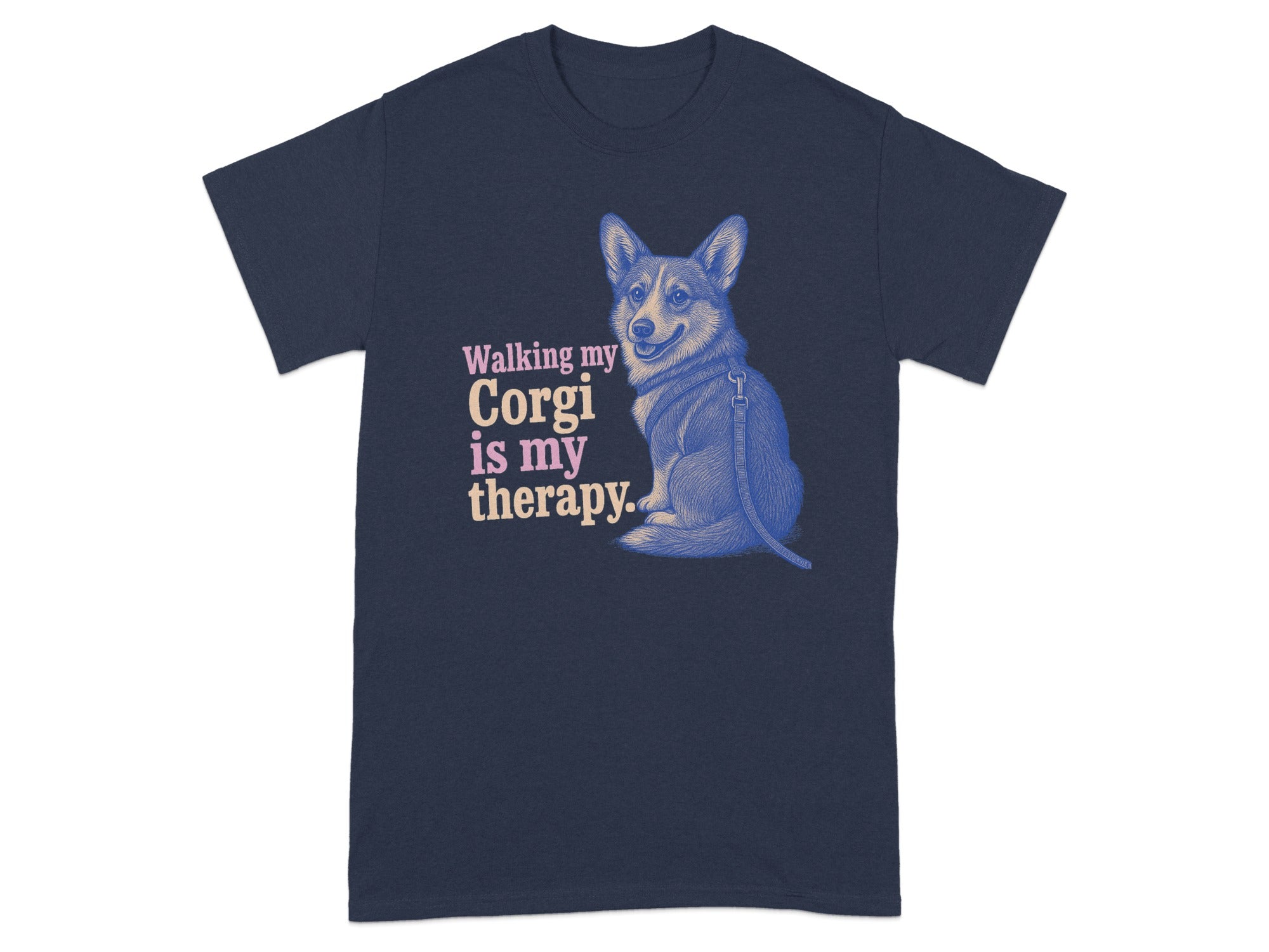 Navy t-shirt with corgi illustration and text "Walking my Corgi is my therapy."