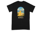 Black t-shirt with a golden retriever sitting at the beach within an arched window.