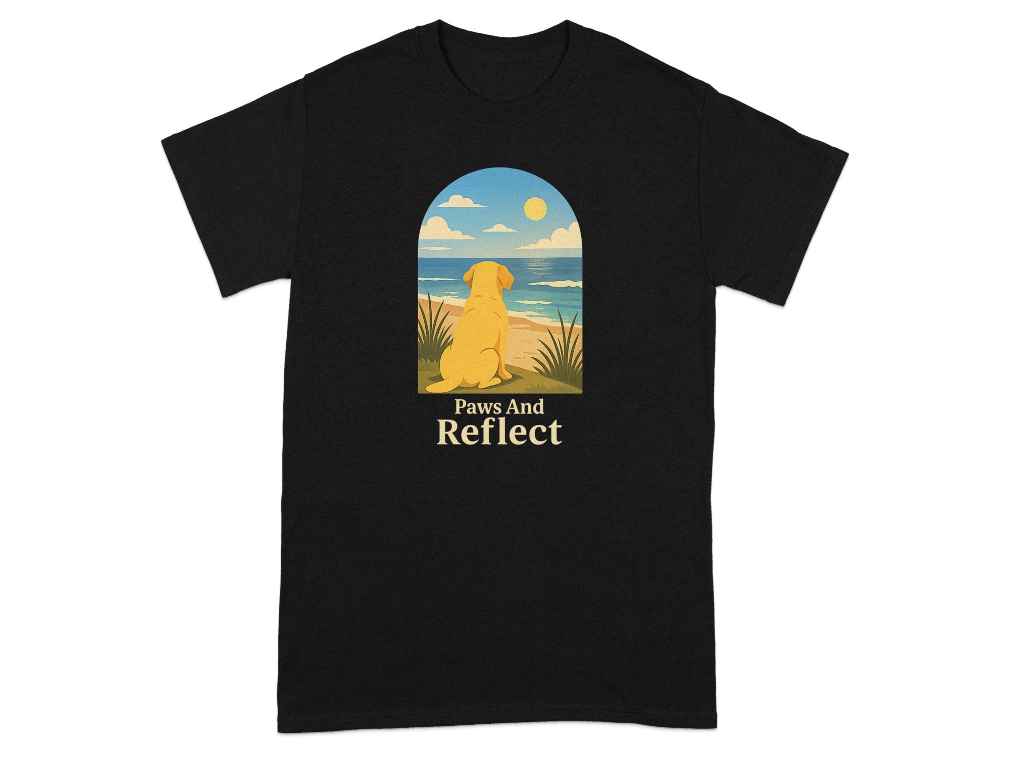 Black t-shirt with a golden retriever sitting at the beach within an arched window.