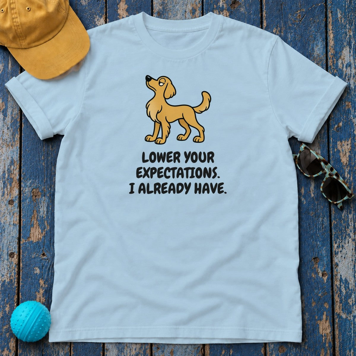 Golden Retriever Lower Your Expectations Tee in Light Blue