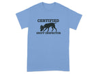 Light blue t-shirt with a dog wearing a hat and "Certified Sniff Inspector" text.