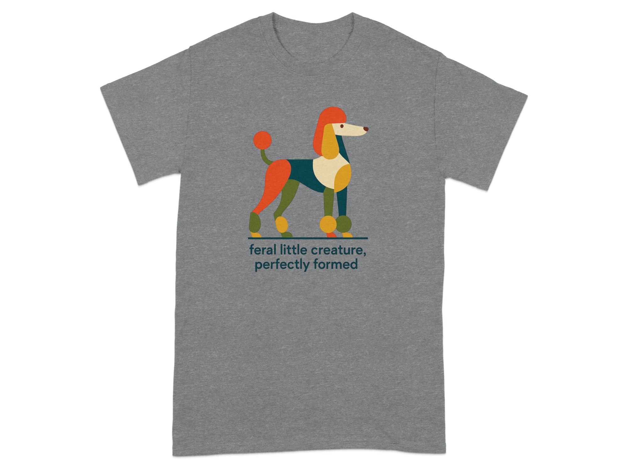Grey t-shirt with colorful geometric poodle graphic and text.