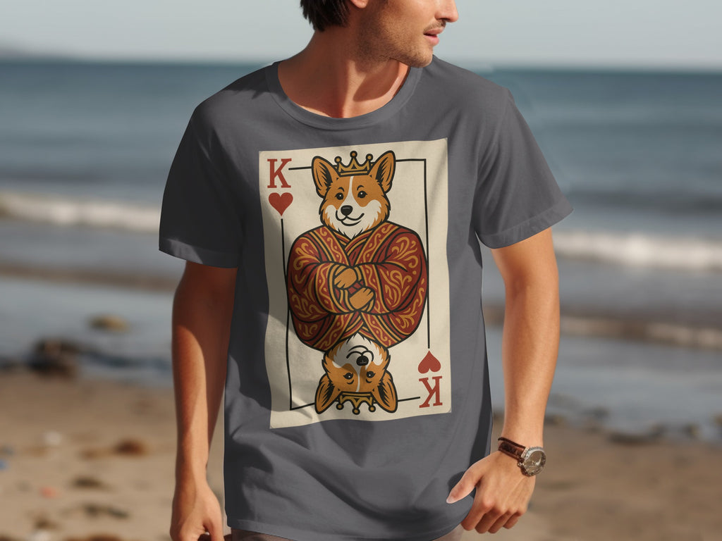 Grey t-shirt with King of Hearts playing card featuring a crowned corgi.