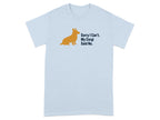 Light blue t-shirt with orange corgi silhouette and navy text: "Sorry I Can't. My Corgi Said No."