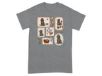 Grey t-shirt with postage stamp-style illustrations of poodles and pet accessories.