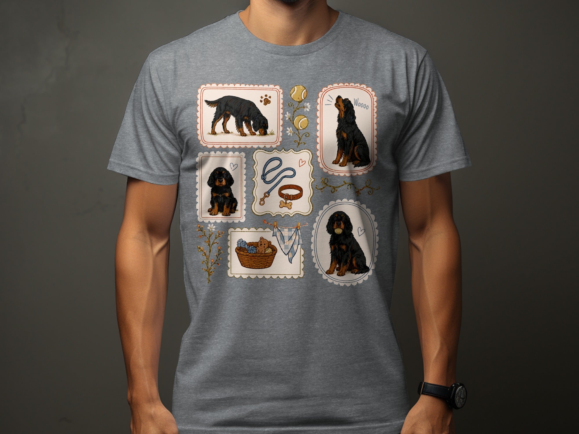 Collage of framed illustrations featuring various dog breeds and accessories.