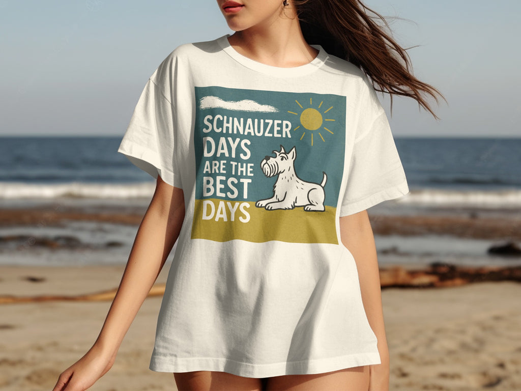 White t-shirt with cartoon schnauzer and text "Schnauzer Days Are The Best Days."