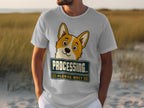 White t-shirt with a cartoon corgi and "PROCESSING PLEASE WAIT" text.